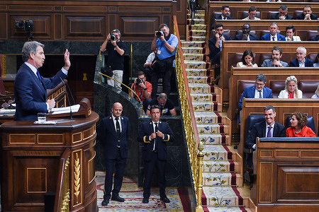 Alberto Núñez Feijóo (C) seen during the second part of the extraordinary Parliamentary Session, where the Spanish President gave explanations regarding the recent cases of corruption inside the PSOE, at Congress of Deputies, in Madrid.