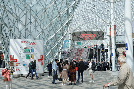 Billboard seen at the entrance of the TuttoFood fair Milan during the TuttoFood 2026 International Food Exhibition at Fiera Milano.