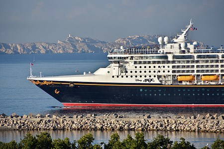 The Disney Magic cruise ship arrives at the French Mediterranean port of Marseille.