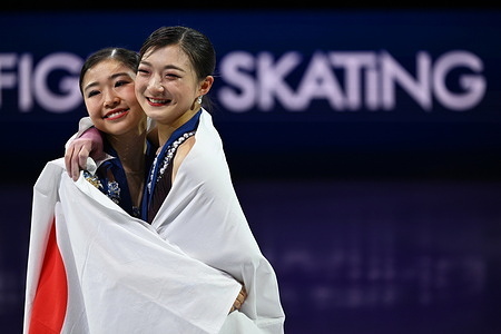 Gold medalist Kaori Sakamoto (R) and Silver medalist Mone Chiba both of Japan seen during the medal ceremony for the Women competition at the ISU Figure Skating World Championships 2026 at the O2 Arena. ISU Figure Skating World Championships 2026 took place from 24th to 29th of March in Prague, Czech Republic.