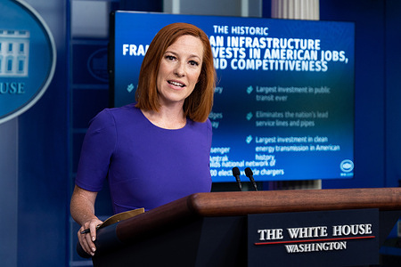 White House Press Secretary, Jen Psaki speaking at a press briefing in the White House Press Briefing Room.