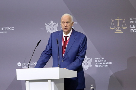 Alexander Bastrykin, Chairman, Investigative Committee of the Russian Federation seen during a Lecture at The St. Petersburg International Legal Forum at the Expoforum Convention and Exhibition Center.