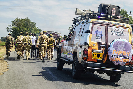 Kenyan elephant campaigner and research scientist, Jim Justus Nyamu (not in the picture) flanked by Kenya Wildlife Service game rangers and volunteers walks on the highway during his campaign in Nakuru. Kenyan elephant campaigner and research scientist, Jim Justus Nyamu, The Executive Director of the Elephant Neighbours Centre (ENC), has embarked on a walk to sensitize citizens on conservation of elephants in an effort to eradicate poaching and the human-wildlife conflicts. Justus Nyamu will be walking across four East African countries; Kenya, Uganda, Rwanda and Democratic Republic of Congo in a campaign dubbed #IvoryBelongsToElephants. According to a report by The British Journal of Criminology, Africa's overall population of elephants increased after the International ban on ivory, but an analysis of elephant population data from 1979 to 2007 found that some of the 37 countries in Africa with elephants continued to lose significant numbers of them.