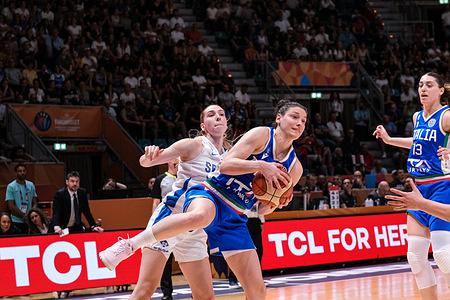 Cecilia Zandalasini (ITA) (R) and Ivana Raca (SRB) (L) seen in action during the Group B match between Serbia and Italy at the FIBA Women's EuroBasket 2025, held at PalaDozza. Team Italy beat Team Serbia with a score of 70-61.