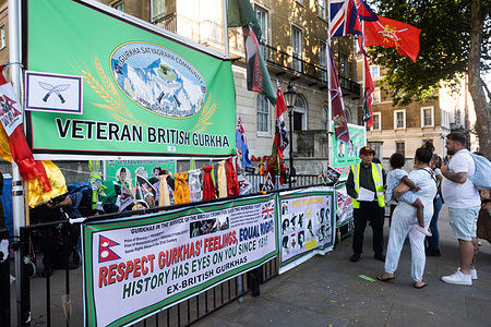 Banners seen at the Gurkha veterans' camp site during the strike.
Gurkha veterans 5th day of hunger strike opposite Downing Street demanding for equal pensions for Gurkhas who retired before 1997 and are not eligible for a full UK Armed Forces pension in Westminster.