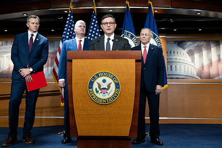 House Speaker Mike Johnson (R-LA) speaking at a press conference at the U.S. Capitol in Washington, DC.