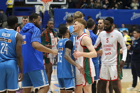 Robert "B. J." Johnson Jr. (5), Vladislav Yemchenko (2R) of Lokomotiv Kuban and Xavier Moon (15) of Zenit in action during the VTB United League basketball match, Regular Season, between Zenit Saint Petersburg and Lokomotiv Kuban at "kck Arena". Final score; Zenit 98:117 Lokomotiv Kuban