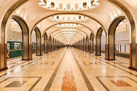The main platforms at Mayakovskaya Metro Station in Moscow, Russia.