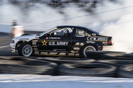 Conor O'Sullivan seen in action during the competition. Formula drift closes out the 2025 drift season on the streets with a new road course after the inevitable closing of Irwindale speedway. Jack Shannahan was able to come out on top of competition for the event and James Deane driver was able to secure first place overall making him the 2025 formula drift champion.