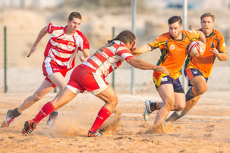 Team players seen in action at their sand pitch during the game.
Rugby in RAK has been reported to have been played in the region since 1969 in various forms, the senior men’s team is currently playing in the Community League in the UAE and also it has a youth team as well as a woman's sevens team. The remarkable thing about the RAK Rugby Club is that their home ground is a sand pitch located at Bin Majid Resort in Ras Al Khaimah, their seasons run from September to April every year and it’s governed by the UAE Rugby Federation under chairman Sheikh Mohammed Bin Maktoum Bin Juma Al Maktoum.