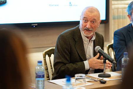 The writer Arturo Perez-Reverte seen during the reading of the list of the winners of the Zenda Awards 24/25, in Madrid.
