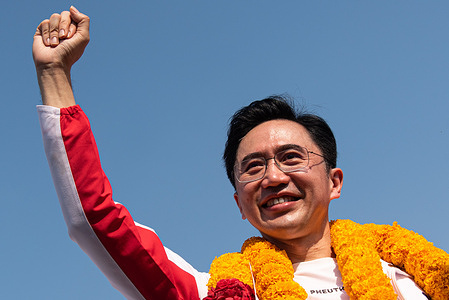 Yodchanan Wongsawat, Prime ministerial candidate of the Pheu Thai Party speaks during the election campaign rally ahead of the upcoming election.