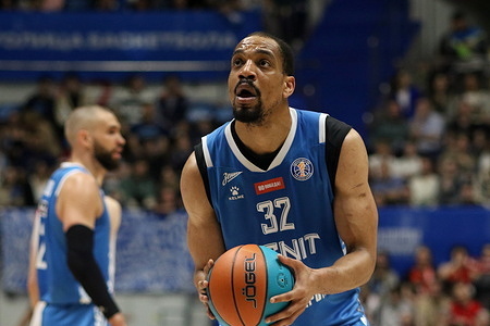 Vince Hunter (32) of Zenit in action during the VTB United League basketball match, Playoffs, 1/2 finals, 7 match, between Zenit Saint Petersburg and Lokomotiv Kuban Krasnodar at "kck Arena". Final score; Zenit 94:75 Lokomotiv Kuban.