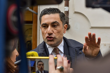 Lega MP Domenico Furgiuele speaks with the press outside the Chamber of Deputies after opposition parties blocked the presentation of the 'Remigration and Reconquest' bill proposal inside Parliament.