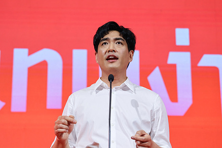 Chaiwat Sathawornwichit, deputy leader of the People's Party (PP), speaks during the official launch event at Samyan Mitrtown. The People's Party has formally launched Chaiwat Sthavornvijit, also known as Joe, as its candidate for Bangkok governor, outlining a campaign focused on welfare expansion, lowering living costs, support for small businesses, and anti-corruption.
