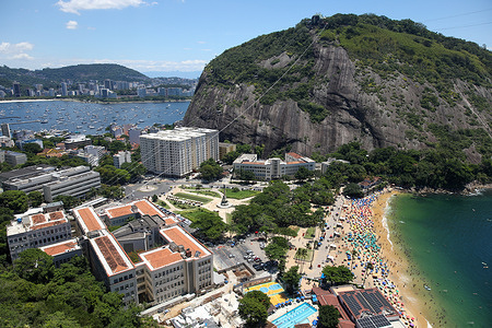 The Urca neighborhood, Vermelha Beach, and Sugarloaf Mountain are seen from the Morro da Babilônia in Rio de Janeiro.