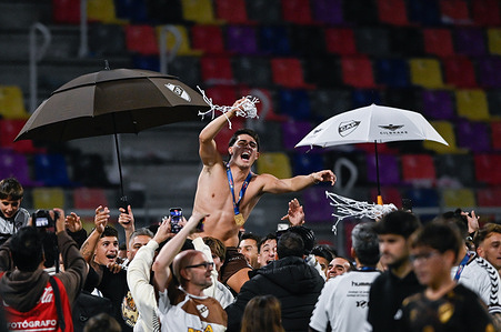 Vicente Taborda (C) of Platense Celebrates with the fans during a soccer match between Huracan and Platense. Platense took the Argentine Apertura tournament title with a 1-0 victory over Huracan. The victory clinched Platense's first major trophy since promotion to the premier division in 2021.
