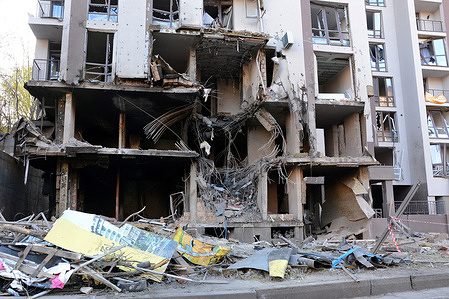 A closer view of a damaged apartment building with broken glasses in central Kyiv following the Russian shelling attack. Residential buildings in the centre of Kiev were hit by Russian missile attacks. The Ukrainian capital has come under regular missile attack since Russia invaded on 24th February, 2022.