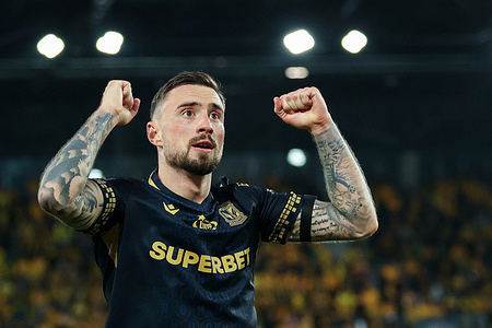 Filip Jagiello of Lech Poznan celebrates after scoring a goal during Polish League PKO BP Ekstraklasa 2025/2026 football match between GKS Katowice and Lech Poznan at Arena Katowice. Final score; GKS Katowice 0:1 Lech Poznan.