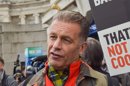 Conservationist and TV presenter Chris Packham speaks to the media during the protest outside Sea Life demanding that the aquarium frees the captive penguins. 15 gentoo penguins are kept in an artificial, dark basement exhibit, and they reportedly never see the outdoor or daylight and are unable to move away from the constant influx of visitors at the busy aquarium.