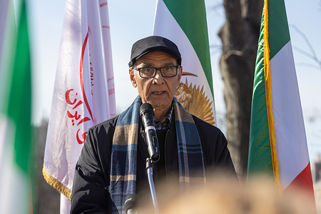 Aziz Paknejad, member of NCRI- National Council of Resistance of Iran speaks during a demonstration organized by Franco-Iranian associations. Iranians gathered on March 3, 2026 to back the announcement of a provisional government for Iran’s transitional period based on Maryam Rajavi ’s ten point plan chanting slogans rejecting both monarchical and clerical dictatorship.