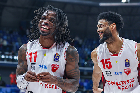 (L-R) Ike Iroegbu #11 and Nate Renfro #15 of Pallacanestro Varese OpenJobMetis celebrate the victory at the end of the match during LBA Lega Basket A 2025/26 game between EA7 Emporio Armani Milano and Pallacanestro Varese OpenJobMetis at Allianz Cloud. Final score; EA7 Emporio Armani Milan 74 : 84 Pallacanestro Varese OpenJobMetis.