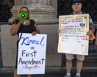 Demonstrators gather outside the El Capitan Theatre and Jimmy Kimmel Live studio in Hollywood on September 20, 2025.