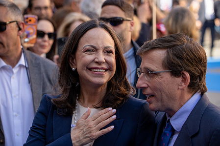 The Venezuelan opposition leader and 2025 Nobel Peace Prize laureate, María Corina Machado, attends an event in Madrid. The Mayor of Madrid, José Luis Martínez-Almeida, received the Venezuelan opposition leader and 2025 Nobel Peace Prize laureate, María Corina Machado, and presented her with the Golden Key of the City of Madrid.