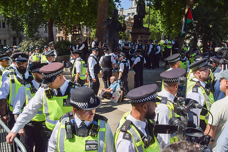 Police officers arrest protesters around the statue of Nelson Mandela who were holding placards in support of Palestine Action, which has been banned under anti-terrorism laws, during a demonstration in Parliament Square. Being a member of, or showing support for, the activist group is now illegal in the UK.
