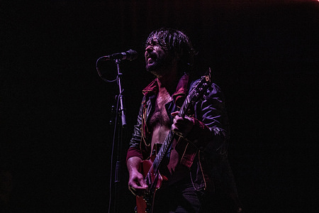 Federico Dragogna - guitarist and backing vocals for the Ministri band performs live on stage at the Estragon in Bologna. The Ministri Concert at the Estragon Club, Bologna: Pure Energy and Old Certainties between Past and Present.