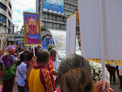 Catholic devotees seen holding religious banners during the procession of the feast of the Annunciation of the Lord in Quiapo Church. As Manila is in Alert Level 1, because of the big drop of the new Covid-19 cases, The Minor basilica of the Black Nazarene, known canonically as the parish of Saint John the Baptist or the Quiapo Church will be implementing New Normal policies at the church guidelines under alert level 1. The church continues reminding the public to observe safe health protocols implemented by the Government.