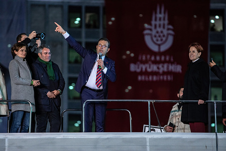 Istanbul Metropolitan Municipality Mayor, Ekrem Imamoglu (C) speaks to the citizens who came in his support following the Turkish courts verdict. Supporters of Istanbul Mayor Ekrem Imamoglu gather in front of Istanbul Municipality building after Turkish courts verdict to sentence Imamoglu to two years and seven months in prison for insulting election officials.