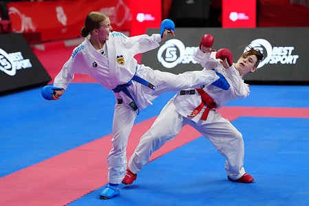 Agnes Nyman of Sweden wins a gold medal at the age of 18 in the individual female kumite 50kg gold medal bout during the Istanbul 2026 Karate 1 Premier League tournament at the Basaksehir Sports Complex. The Karate One Premier League is the World Karate Federation’s most prestigious international competition series. It brings together the world’s top-ranked karate athletes in a limited entry, elite format with only 32 competitors per category.