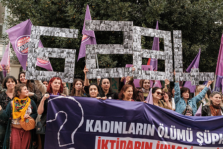 Women are carrying banners in reference to Law No. 6284, which has been repealed. Women gathered in Istanbul to protest ahead of the International Day for the Elimination of Violence Against Women.