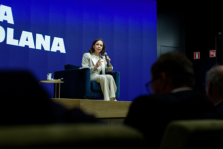Maria Corina Machado, Nobel Peace Prize laureate and Venezuelan opposition leader seen during a press conference during her visit to the country.
