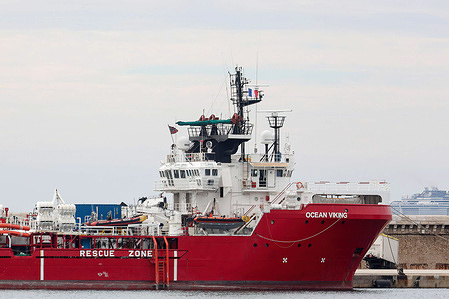 View of the ship "Ocean Viking" during a technical stopover in Marseille. The ship "Ocean Viking" rescued 230 migrants off the coast of Libya. After three weeks of waiting at the sea and a showdown between Paris and Rome, they could finally disembark at the French military port of Toulon.