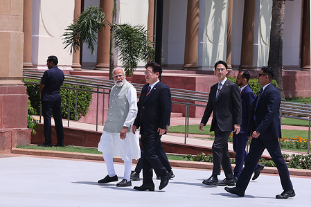 Prime Minister, Narendra Modi seen walking with South Korea's President Lee Jae Myung before their meeting at the Hyderabad House.