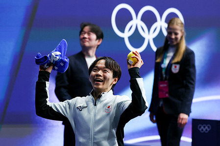 Yuma Kagiyama of Japan seen in the Kiss and Cry zone during the Figure Skating Men Single Skating - Short Program of the Milano Cortina 2026 Winter Olympics at Milano Ice Skating Arena in Milan
