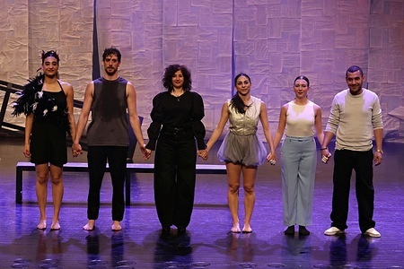 The performers of the “Feathers” dance are seen greeting the audience after the show. The Shaden Dance Company from Palestine performed its dance piece titled “Feathers” at the 11th Amed International Theater Festival, organized by the Diyarbakir Metropolitan Municipality and the Amed City Theater in the city of Diyarbakir, Turkey. The dance play, written and directed by Shaden Abu Elasal, features Anan Abu Jaber, Maria (Masha) Seman, Haya Khourieh, and Sameha Abbas. The play explores how power shapes our identity, influences our perceptions of beauty and goodness, and drives a person from love to hatred.