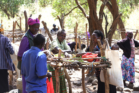 Traders and residents seen during the indigenous open-air market in Kipcherere, South Baringo.
Food commodities from irrigated farms, handicrafts and livestock are traded. The market opens every Monday. Locals want support from government authorities or development organization to help improve it, provide piped water, put up a fence and build public toilets.