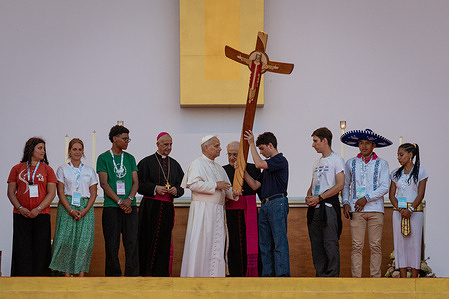 Pope Leo XIV leads the prayer vigil with young people participating in the Youths Jubilee at the Tor Vergata field in Rome.