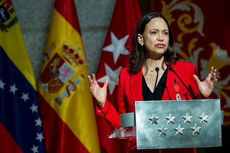 Maria Corina Machado, Nobel Peace Prize laureate and leader of the Venezuelan opposition, gives a speech after Isabel Diaz Ayuso, President of the Community of Madrid, presents her with the Gold Medal of the Community of Madrid.