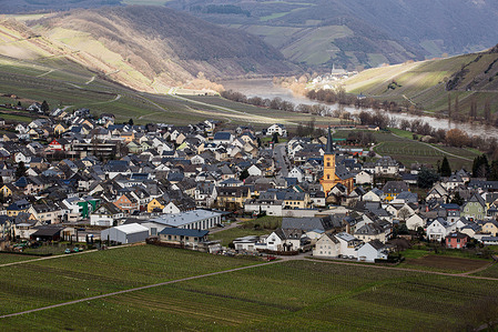A view of the municipality of Trittenheim from Leiwen, located in the famous Germany's Moselle Region where Riesling wine is produced. Leiwen is a prominent wine-producing town located along the Moselle River. The region is known for its vineyards, particularly for growing Riesling grapes. Leiwen hosts an annual wine festival that draws in many tourists and wine enthusiasts. The Moselle River, a western tributary of the Rhine River, stretches for 545 kilometers through northeastern France and western Germany. As it enters Germany, it flows past Trier and eventually merges with the Rhine River at Koblenz.