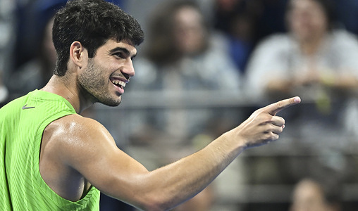 Carlos Alcaraz of Spain celebrates after winning against Karen Khachanov of Russia (not in view) in the Quarter final at the ATP men's Qatar ExxonMobil Open 2026 tennis tournament at the Khalifa International Tennis Complex. Carlos Alcarazwon against Karen Khachanov 6-7,6-4,6-3.