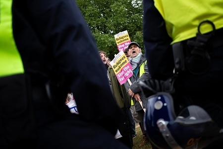 A counter demonstrator seen chanting through police lines during the rally. Protesters gathered in Castle Park as part of ‘The Great British National Strike’, which saw gatherings across the country in protest of a number of topics including immigration, and calling for a general election. A counter protest organized by ‘Stand Up to Racism’ also took place - a heavy police presence ensured that both events passed off peacefully.