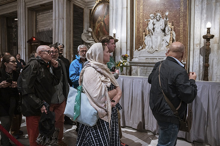 People in a queue visit the grave of Pope Francis. People went to the Papal Basilica of St. Mary Major, in the center of Rome, to pay respects at the tomb of Pope Francis, who died on Monday 21 April 2025 at the age of 88. He was laid to rest in St. Mary Major on 26 April.