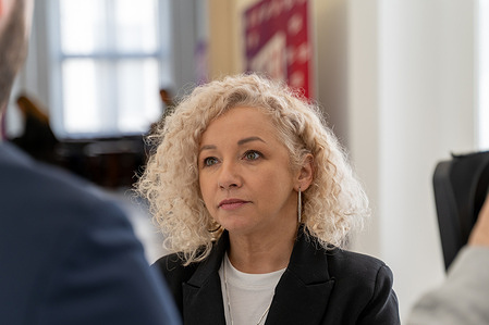 Katarzyna Kotula, Minister for Equality, talks to the press during the 9th session of the Polish Parliament. During this parliament session, the parliament discussed the right to legalize abortion. This issue of abortion gained attention following the series of Women's Strike (Strajk Kobiet) protests in Poland from 2020 to 2021. The protests were in response to government regulations that significantly restricted abortion rights, making almost all cases of abortion illegal, even in situations involving severe fetal disabilities or life-threatening diseases.