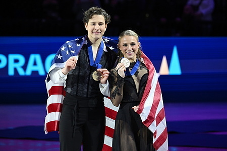 Bronze medalists Emilea Zingas (R) and Vadym Kolesnik of the United States as seen during the medal ceremony for Ice Dance competition at the ISU Figure Skating World Championships 2026 at the O2 Arena. ISU Figure Skating World Championships 2026 takes place from 24th to 29th of March in Prague, Czech Republic.