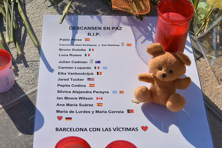 A list of victims who lost their lives in the attack seen at the port of Cambrills.
5 Islamic jihadist terrorist attacked bystanders with knives after driving a car into the crowd at Cambrills on August 2017. On the one year anniversary of the event, people come to the location where the attack happened to lay flower and pay tribute to the victims.