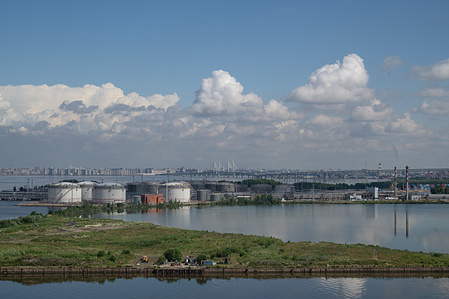 Views of the St. Petersburg Oil Terminal, one of Russia's largest terminals for the transshipment and storage of petroleum products in the Baltic region. The terminal has been targeted in multiple drone attacks.